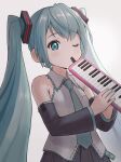 1girl aqua_eyes aqua_hair aqua_necktie black_skirt black_sleeves commentary_request cowboy_shot detached_sleeves hatsune_miku holding holding_instrument instrument ishiyuki keyboard_(instrument) long_hair long_sleeves looking_at_viewer melodica necktie one_eye_closed pleated_skirt shirt skirt sleeveless sleeveless_shirt solo standing twintails upper_body very_long_hair vocaloid wide_sleeves 