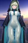  1girl ai-generated aqua_eyes aqua_skin breasts cape colored_skin gradient_hair green_hair large_breasts monitoring_ring_(arknights) monster_girl multicolored_hair non-web_source robe slime_girl white_skin 