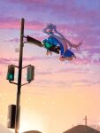  1girl artist_name blue_cape blue_dress blue_footwear blue_hair boots cape cloud cloudy_sky cure_sky dress facing_away gradient_hair gradient_sky highres hirogaru_sky!_precure long_hair magical_girl multicolored_hair orange_sky outdoors pink_hair power_lines precure purple_sky scenery signature sitting sky solo sora_harewataru sunset tete_a traffic_light twintails very_long_hair wind wing_hair_ornament 