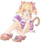  1girl animal_ears aqua_eyes bare_legs bare_shoulders barefoot blue_eyes blush cat_ears cat_tail chaosexceed collarbone commission convenient_leg english_commentary fang feet flat_chest floral_print full_body geta gradient_eyes hand_up highres japanese_clothes kimono knees_up legs medium_hair mixed-language_commentary multicolored_eyes off_shoulder on_ground open_mouth original parted_bangs print_kimono purple_kimono sandals short_kimono simple_background single_sandal sitting skin_fang sleeves_past_fingers sleeves_past_wrists soles solo tail thighs toenails toes twintails wardrobe_malfunction white_background wide_sleeves 