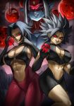  3girls abs absurdres black_hair blue_skin breasts caulifla cleavage colored_skin dragon_ball dragon_ball_(object) dragon_ball_heroes earrings elbow_gloves elite_nappa evil_smile gloves grin highres holding jewelry kale_(dragon_ball) large_breasts lips looking_at_viewer multiple_girls pointy_ears red_eyes sideboob smile smirk spiked_hair towa_(dragon_ball) white_hair 
