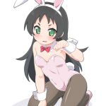  1girl animal_ears arm_at_side bare_arms bare_shoulders black_hair black_pantyhose blush breasts clenched_hand collar covered_navel detached_collar embarrassed fake_animal_ears fake_tail green_eyes hand_up hazuki_kurumi highres kaitou_tenshi_twin_angel kneeling leotard long_hair looking_at_viewer necktie open_mouth pantyhose parted_bangs parted_lips paw_pose pink_footwear pink_leotard playboy_bunny rabbit_ears rabbit_tail red_necktie shirogane_hakuba shoes short_eyebrows simple_background small_breasts solo tail tongue twin_angel v-shaped_eyebrows wavy_mouth white_background white_collar white_wrist_cuffs 