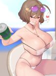  1girl anis_(nikke) anis_(sparkling_summer)_(nikke) bare_shoulders beach bikini blurry blurry_background blush breasts brown_eyes brown_hair can cleavage collarbone covered_nipples eyepatch_bikini eyewear_on_head goddess_of_victory:_nikke grin highres jewelry large_breasts looking_at_viewer moebell navel necklace official_alternate_costume short_hair sitting smile soda_can solo star_(symbol) star_necklace sunglasses swimsuit thighs white_bikini 