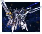  asteroid beam_cannon border daue green_eyes gundam gundam_narrative hand_up highres looking_up mecha mobile_suit narrative_gundam narrative_gundam_a-packs no_humans robot science_fiction signature solo space star_(sky) thrusters v-fin white_border 