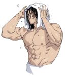  1boy abs after_bathing bara black_hair cropped_legs drying drying_hair expressionless hands_on_own_head jujutsu_kaisen large_pectorals looking_ahead looking_at_viewer male_focus muscular muscular_male navel nipples pectorals poopvirus sanpaku scar scar_across_eye short_hair sideburns solo stomach thick_eyebrows topless_male toudou_aoi_(jujutsu_kaisen) towel towel_around_waist towel_on_head v-taper wet wet_hair 
