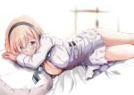  1girl black_hairband blackjunk blonde_hair blue_eyes blue_necktie blurry blurry_background blush breasts cleavage closed_mouth dress hair_over_one_eye hairband idolmaster idolmaster_starlit_season large_breasts long_sleeves looking_at_viewer lying necktie okuzora_kohaku on_bed on_side pillow short_hair smile solo striped_necktie white_dress window 