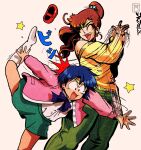  2girls bare_shoulders bendedede bishoujo_senshi_sailor_moon blue_eyes blue_hair blue_ribbon brown_hair closed_eyes earrings falling green_eyes green_skirt highres hitting jacket jewelry kino_makoto long_hair long_sleeves mizuno_ami multiple_girls pants ponytail ribbon short_hair skirt 