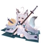  1girl 1other absurdres aged_down ahoge animal_ears azur_lane black_gloves blue_eyes chinese_commentary collarbone commentary_request detached_sleeves dress fox_ears fox_girl fox_tail gloves hair_between_eyes highres holding holding_sword holding_weapon kawakaze_(azur_lane) liwendala long_hair manjuu_(azur_lane) no_shoes parted_lips pixiv_id simple_background sitting sleeveless sleeveless_dress socks solo_focus sword tabi tail wariza weapon white_background white_dress white_hair white_sleeves white_socks wide_sleeves 