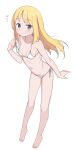  1girl bare_arms bare_legs bare_shoulders barefoot bikini blonde_hair blue_eyes breasts collarbone feet full_body highres leaning_forward light_blush long_hair looking_at_viewer navel original saiste side-tie_bikini_bottom simple_background small_breasts smile solo stomach strap_pull string_bikini swimsuit toes white_background white_bikini 