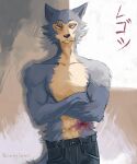  2023 absurd_res anthro beastars blood bodily_fluids bottomwear bruised canid canine canis carlosjarlos clothed clothing crossed_arms denim denim_clothing eyebrows front_view fur grey_background hi_res japanese_text jeans legoshi_(beastars) looking_at_viewer male mammal muscular muscular_anthro muscular_male painterly pants shadow signature simple_background solo standing text topless topless_anthro topless_male translation_request tuft url wolf 