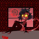  black_hair breasts clothing demon demon_humanoid female hair helluva_boss hi_res horn humanoid imp millie_(helluva_boss) open_mouth open_smile red_body simple_background smile solo tail tape teeth theplagueart thick_thighs 