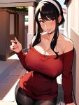  1girl ai-generated blush breasts cleavage dress full_body highres large_breasts looking_at_viewer red_dress red_eyes self-upload smile solo spy_x_family standing thighhighs yor_briar 