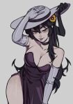 1girl absurdres black_hair breasts cleavage collarbone dress elbow_gloves filia_(skullgirls) gloves grey_background hat highres large_breasts leev_voix living_hair long_hair looking_at_viewer prehensile_hair purple_dress red_eyes samson_(skullgirls) skullgirls sleeveless sleeveless_dress solo sun_hat thighs tongue tongue_out white_gloves 