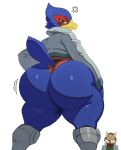  absurd_res anthro avian beak big_butt bird blue_body blush butt canid canine clothing duo falco_lombardi falcon falconid fox fox_mccloud green_eyes hi_res huge_butt jacket looking_at_viewer looking_back male mammal nintendo sssonic2 star_fox tan_body thick_thighs topwear underwear wide_hips 