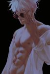  1boy 3aem abs black_background blue_eyes dark gojou_satoru hand_on_eyewear jujutsu_kaisen looking_at_viewer male_focus muscular muscular_male nipples open_clothes open_shirt pectorals photo-referenced round_eyewear shirt short_hair simple_background solo sunglasses upper_body white_hair white_shirt 