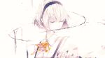  1girl absurdres bangs bouno_satoshi cevio collared_shirt dress_shirt greyscale hairband half-closed_eyes highres monochrome mouth_hold neck_ribbon orange_ribbon ribbon rime_(cevio) shirt short_hair solo spot_color suspenders upper_body white_background 