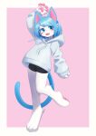  2022 4_fingers 4_toes anthro bike_shorts blue_body blue_eyes blue_fur blue_hair blush bottomwear clothed clothing cute_fangs digital_media_(artwork) digitigrade domestic_cat feet felid feline felis female female_anthro fingers flat_chested full-length_portrait fur hair hoodie kemono looking_at_viewer mammal open_mouth pawpads paws portrait short_hair shorts solo tail tight_bottomwear tight_clothing tight_shorts toes tongue topwear unousaya white_body white_fur 