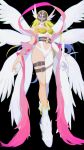  1girl angel_wings angewomon asymmetrical_legwear asymmetrical_sleeves belt belt_buckle black_background black_belt blonde_hair bodysuit buckle closed_mouth clothing_cutout commentary covered_eyes digimon digimon_(creature) feathered_wings full_body gloves helmet highres leg_belt lips long_hair multiple_wings navel pink_shawl rae_(hexedwithluck) revealing_clothes shawl simple_background single_glove single_sleeve solo stomach stomach_cutout white_bodysuit white_footwear white_gloves white_wings winged_helmet wings 
