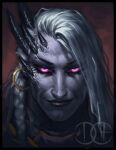  1boy armor braid breastplate close-up david_haire demon demon_horns demon_primarch evil_smile fulgrim full_armor glowing glowing_eyes highres horns long_hair pale_skin primarch purple_eyes signature smile solo warhammer_40k white_hair 