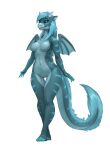  2023 3_toes 4_fingers absurd_res anthro blue_body blue_eyes blue_hair breasts dragon fangs featureless_crotch feet female fingers hair hi_res horn navel neilenk nude simple_background solo teeth toes white_background wings 