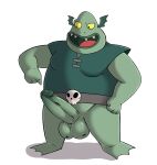  absurd_res amphibian anthro balls biped bottomless bottomless_anthro bottomless_male buff_frog clothed clothing disney erection frog genitals glans green_clothing green_shirt green_topwear hi_res humanoid_genitalia humanoid_penis male ofstrial penis shirt simple_background solo star_vs._the_forces_of_evil teeth topwear white_background 