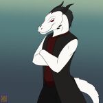  1:1 anthro argonian bethesda_softworks black_hair clothed clothing fangs foxenawolf gradient_background hair horn male red_eyes scales scalie simple_background solo tail teeth the_elder_scrolls vampire white_body white_scales 