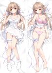  1girl bare_arms bare_shoulders barefoot bed_sheet bow bow_bra bow_panties bra breasts brown_eyes brown_hair cleavage closed_mouth commentary_request dakimakura_(medium) double_bun dress feet frilled_dress frills hair_bun highres irori knees_together_feet_apart large_breasts legs looking_at_viewer lying multiple_views navel no_shoes on_back original panties pink_bra pink_panties sleeveless sleeveless_dress smile socks toenails toes underwear white_dress white_socks 