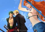  1girl 2boys artist_name bikini bikini_top_only blonde_hair commentary curly_eyebrows denim earrings english_commentary facial_hair formal goatee green_hair highres jeans jewelry katana long_hair looking_at_viewer looking_back muffinmonstah multiple_boys nami_(one_piece) one_eye_closed one_piece open_clothes orange_hair outdoors pants roronoa_zoro sanji_(one_piece) scar scar_across_eye scar_on_cheek scar_on_face short_hair shoulder_tattoo single_earring smile smoke suit swimsuit sword tattoo teeth tongue tongue_out weapon 
