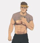  1boy :/ abs arm_hair bara bare_pectorals character_request chest_hair cowboy_shot facial_hair goatee_stubble hairy headband highres large_pectorals male_focus mature_male muscular muscular_male navel navel_hair nipples pectorals philipposole raised_eyebrow shirt short_hair shy sideburns sideburns_stubble sideways_glance solo stomach strongman_waist stubble sweatdrop t-shirt thick_eyebrows yellow_headband 