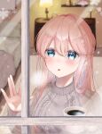 1girl blue_eyes blush braid breath brown_sweater commentary_request couch cup earrings hair_between_eyes hand_on_window highres holding holding_cup indoors jewelry lamp long_hair minamimio0527 open_mouth original pink_hair snowflakes solo sweater upper_body 