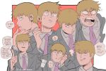  1boy artist_name blonde_hair closed_mouth commentary cup english_commentary english_text food gatoiberico grey_jacket hand_on_own_chin holding holding_food index_finger_raised jacket long_sleeves looking_at_viewer male_focus mob_psycho_100 multiple_views necktie open_mouth purple_necktie reigen_arataka short_hair simple_background smile speech_bubble suit sweat takoyaki upper_body 