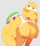  anthro areola big_breasts blush bodily_fluids breasts female genital_fluids hi_res koopa koopa_troopa looking_at_viewer mario_bros masturbation nintendo nipples pussy_juice scalie simple_background solo thick_thighs umisag85rabb99 yellow_body 