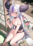  1girl ahoge bare_shoulders barefoot blush braid braided_bangs breasts collarbone demon_girl demon_horns eating food grey_hair hair_between_eyes highres holding holding_food holding_popsicle hololive horns ice_cream kanzarin la+_darknesss long_hair looking_at_viewer multicolored_hair navel open_mouth pointy_ears popsicle purple_hair sitting small_breasts solo streaked_hair striped_horns tongue tongue_out very_long_hair virtual_youtuber yellow_eyes 