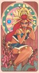  1girl art_nouveau blue_lips bracelet commentary dark-skinned_female dark_skin english_commentary flower full_body gerudo green_eyes highres jewelry lipstick long_hair looking_at_viewer makeup pointy_ears red_hair riju sabtastic signature solo the_legend_of_zelda the_legend_of_zelda:_breath_of_the_wild tiara 