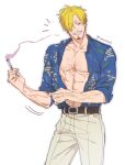  1boy alternate_body_hair alternate_costume arm_hair bara blonde_hair chest_hair cigarette curly_eyebrows facial_hair feet_out_of_frame goatee hair_over_one_eye hairy highres large_pectorals male_focus muscular muscular_male navel_hair one_piece open_clothes open_shirt pectoral_cleavage pectorals sanji_(one_piece) smile solo_focus sweetdou3 veins veiny_arms 