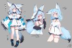  &gt;:( 1girl :d animal_ear_fluff animal_ears black_bra black_footwear blue_eyes blue_hair boots bow bra breasts cleavage color_guide detached_sleeves dress ears_through_headwear eip_(pepai) expressionless finger_to_mouth flower fox_ears fox_girl fox_tail full_body hair_flower hair_ornament highres large_breasts light_blue_hair medium_hair off-shoulder_dress off_shoulder open_mouth original red_eyes short_dress sleeveless sleeveless_dress sleeves_past_fingers sleeves_past_wrists smile tail thigh_strap underwear v-shaped_eyebrows veil white_dress white_veil wide_sleeves 