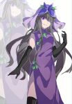  1girl black_gloves black_hair china_dress chinese_clothes dress elbow_gloves flower flower_on_head gloves grin hair_over_one_eye highres long_hair multiple_views nymphus purple_dress purple_eyes purple_flower simple_background smile touhou unfinished_dream_of_all_living_ghost vine_print white_background yomotsu_hisami zoom_layer 