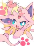  &lt;3 2023 alternate_version_at_source ambiguous_gender blue_eyes chromatic_aberration claws cute_fangs digital_media_(artwork) eeveelution espeon feral footprint forehead_gem forked_tail fur generation_2_pokemon happy hi_res looking_at_viewer nintendo open_mouth open_smile pawpads pawprint paws pink_body pink_fur pokemon pokemon_(species) salmon_no_kaori smile smiling_at_viewer solo tail tongue unusual_anatomy unusual_tail 