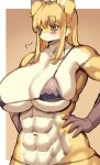  abs absurd_res anthro bikini blonde_hair blush breasts canid canine clothing female fox hair hands_on_hips heterochromia hi_res long_hair mammal miyanokoko muscular solo swimwear 