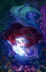  1girl absurdres air_bubble ariel_(disney) artcrawl blue_eyes blush bottle bubble glowing highres holding holding_bottle jewelry long_hair mermaid_melody_pichi_pichi_pitch open_mouth red_hair ring solo teeth the_little_mermaid underwater 