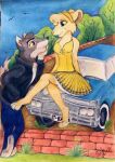  anthro artist_shirika balto balto_(film) big_ears black_clothing black_jacket black_topwear blue_bottomwear blue_car blue_clothing blue_eyes blue_jeans blue_pants bottomwear brown_body brown_eyes brown_fur canid canine canis charakter_shirika charakter_torpedo-balto clothing cross_legs cute_expression denim denim_clothing dress duo felid feline female fur gelb grease_(movie) hybrid jacket jeans lion love male male/female mammal pantherine pants pawpads pointy_nose shirika shorts topwear universal_studios wolfdog yellow_body yellow_clothing yellow_dress yellow_fur young_adult 