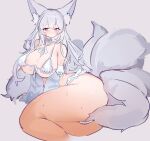  animal_humanoid big_breasts big_butt blush bodily_fluids bra breasts butt canid canid_humanoid canine canine_humanoid clothing female fox_humanoid grey_hair hair huge_breasts huge_butt huge_thighs humanoid long_hair looking_at_viewer lying mammal mammal_humanoid multi_tail on_side panties purple_eyes simple_background solo sweat tail thick_thighs underwear utterangle 