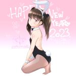  1girl 2023 absurdres animal_ears bare_shoulders black_bow black_bowtie black_leotard blush bow bowtie brown_hair brown_pantyhose chinese_zodiac collar commentary_request detached_collar from_side full_body hair_bow hairband happy_birthday highres kneeling leotard long_hair looking_at_viewer looking_to_the_side mayafufu no_shoes original pantyhose parted_lips playboy_bunny profile rabbit_ears rabbit_tail red_eyes revision soles solo strapless strapless_leotard tail text_background translation_request twintails white_collar white_hairband wrist_cuffs year_of_the_rabbit 