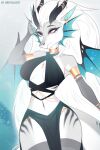  anthro black_clothing black_horn blue_wings breasts claws clothed clothing digital_media_(artwork) dragon female fish fur gold_(metal) gold_jewelry grey_body hair hi_res horn hybrid jewelry marine pink_eyes rrevolight shark smile solo tail white_hair wings 