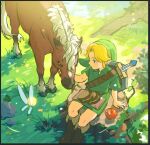  1boy apple bangs blonde_hair blue_eyes boots brown_footwear epona fairy food fruit grass hat horse knee_boots link male_focus navi nshi00 outdoors parted_bangs pointy_ears short_sleeves sitting smile sword the_legend_of_zelda the_legend_of_zelda:_ocarina_of_time tree weapon weapon_on_back 