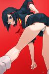  1girl absurdres ass black_hair blue_eyes closed_mouth commentary english_commentary from_behind highres kamui_(kill_la_kill) kill_la_kill kneepits looking_at_viewer looking_back matoi_ryuuko multicolored_hair panties pantyshot red_background red_hair school_uniform senketsu shirt simple_background skirt socks solo t-lex thighs underwear white_panties 