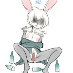  2023 :&lt; absurd_res anthro balls bottle clothed clothing container drunk flat_chested genitals hair hi_res lagomorph leporid male mammal navel nipples obscured_eyes penis rabbit rabbit_ears renv shoulder_tuft signature simple_background solo spread_legs spreading substance_intoxication tuft white_background white_hair 
