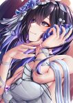  1girl absurdres bare_shoulders black_hair blue_eyes breasts chest_tattoo closed_mouth colored_inner_hair conch hair_between_eyes hair_ornament highres holding honkai_(series) honkai_impact_3rd large_breasts long_hair looking_to_the_side multicolored_hair purple_hair pyeong-il_pyeongil seele_vollerei seele_vollerei_(herrscher_of_rebirth) smile solo tattoo upper_body 