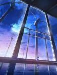  1girl absurdres blue_sky cloud dress gradient_sky highres indoors long_hair moon original purple_sky reflective_floor scenery sky smile_(qd4nsvik) solo standing white_dress wind_turbine window 