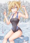  1girl abukuma_(kancolle) anti_(untea9) black_one-piece_swimsuit blonde_hair blue_eyes blue_one-piece_swimsuit blush breasts collarbone competition_swimsuit covered_navel fishing_hook fishing_line forest hair_bun hair_rings highres horror_(theme) ice kantai_collection long_hair looking_at_viewer nature one-piece_swimsuit open_mouth outdoors sitting small_breasts snow solo sweatdrop swimsuit tears twintails two-tone_swimsuit 